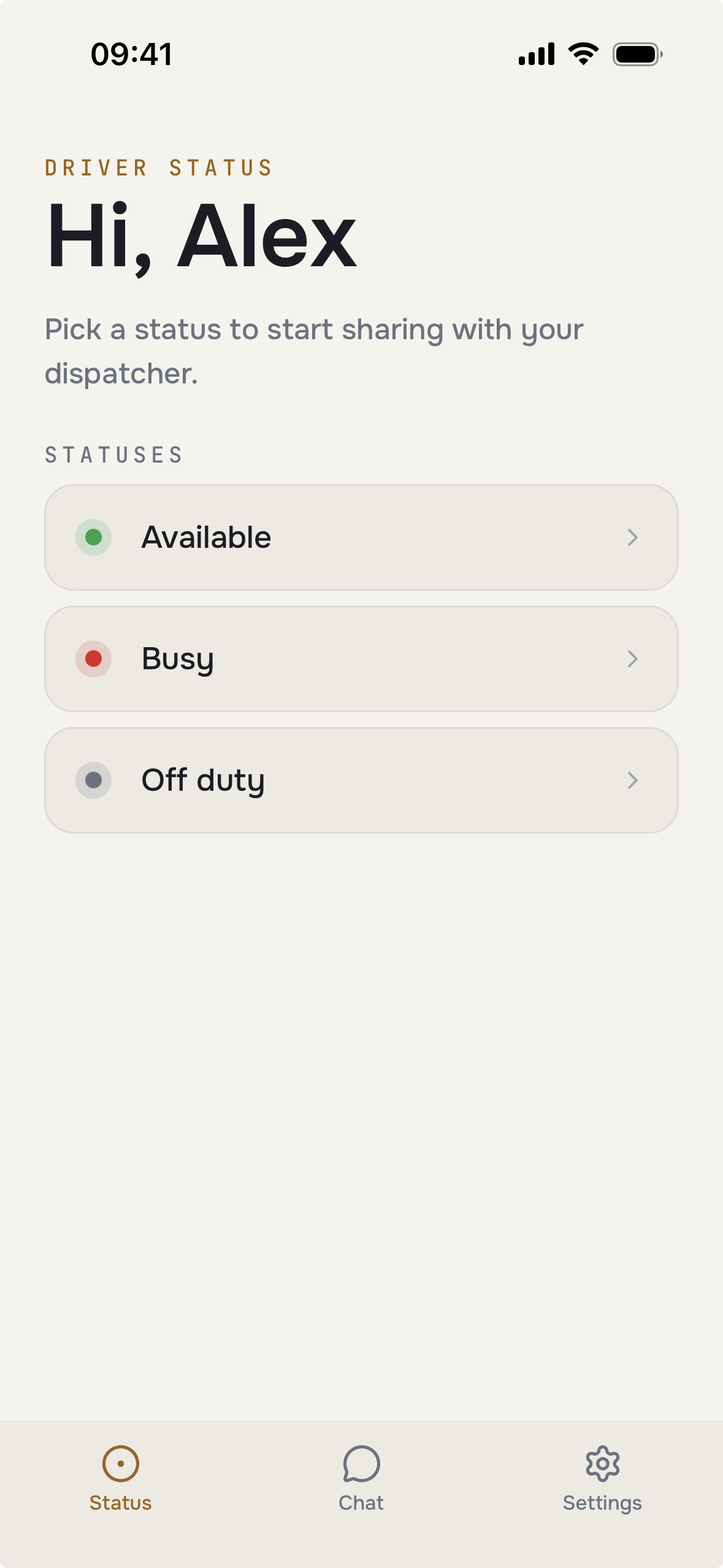 Homeland app — driver status screen